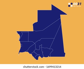 Mapa azul vector de Mauritania sobre fondo amarillo.