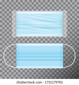 Vector blue medical face mask in transparent packaging  Realistic mockup transparent background for your design