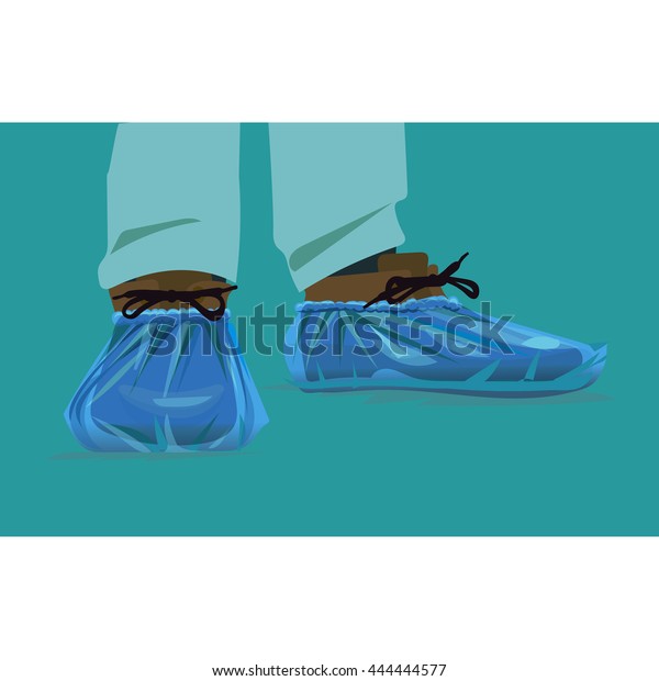 vector, Blue medical shoe covers are worn over\
shoes on the floor in\
hospital