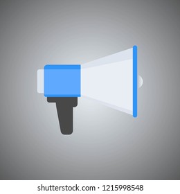 Vector blue megaphone illustration in flat design on gray background. Marketing symbol. Mouthpiece icon. Loud speaker icon vector, megaphone. Business promotion, advertising, call through the horn.