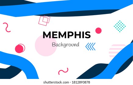 Vector blue memphis background with abstract shapes design. White, blue, green, red. pink, and black color. Good for any background, banner, web, poster