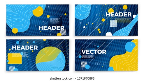 Vector blue memphis style banner templates, white modern background with geometric shapes and place for your text.