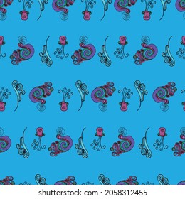Vector Blue Mermaids background pattern with waves and seashells