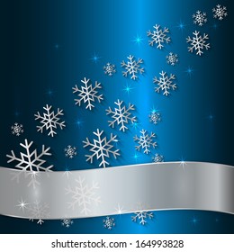 Vector Blue Metallic Plate with Snowflakes, Particles and Ribbon