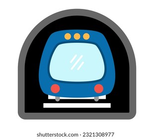 Vector blue metro train front view. Funny underground transportation with wagons for kids. Cute subway vehicle clip art. Public transport icon isolated on white background
