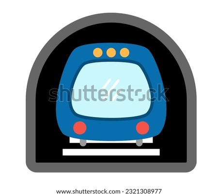 Vector blue metro train front view. Funny underground transportation with wagons for kids. Cute subway vehicle clip art. Public transport icon isolated on white background
