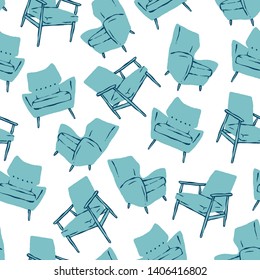 Vector blue mid century chairs seamless pattern. Retro background ideal for home decor and wallpaper.