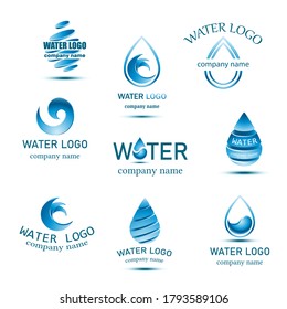 Vector blue mineral water logo collection with drops and waves. 