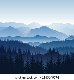 Vector blue misty landscape with silhouettes of mountains, hills and trees