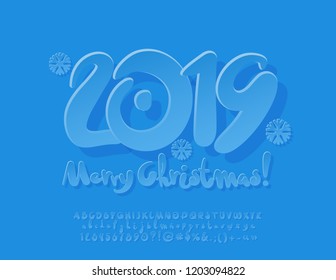 Vector blue modern Greeting Card Merry Christmas 2019. Artistic set of contemporary Alphabet letters, Symbols and Numbers.
