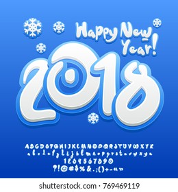 Vector blue modern greeting card Happy New Year! Artistic set of contemporary Alphabet letters, Symbols and Numbers