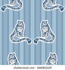 Vector Blue Monochromatic Snow Leopards On Stripes seamless pattern background. Perfect for fabric, wallpaper and scrapbooking projects.