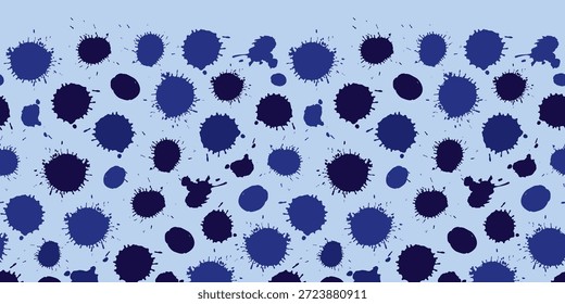 Vektorblaue monochrome künstlerische zufällige Farbe Pinsel Kleckse Schmutzspritzer Polka Punkte horizontalen Rand wiederholen Hintergrund. Geeignet für Poster und Grafikdesign.