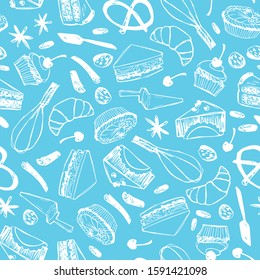 Vector blue monochrome cakes and pastry seamless background repeat pattern. Perfect for fabric, scrapbooking and wallpaper projects.