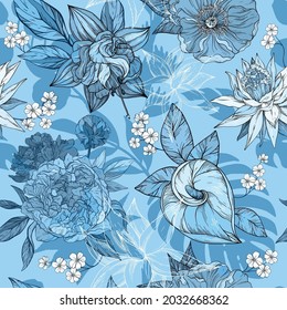 Vector Azul monocromo traza a mano sin fisuras con flores elegantes, elementos florales florecientes