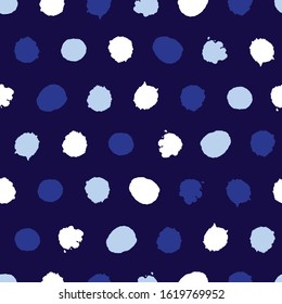 Vector blue monochrome paint blob polka dot repeat pattern. Suitable for textile, wallpaper and giftwrap.