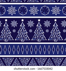 Vector blue monochrome snowy glittering Christmas trees repeat pattern with rows of stars and geometric shapes. Suitable for textile, gift wrap and wallpaper.