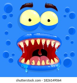 Vector blue monster avatar with afraid face. Cartoon face of a monster. Vector illustration