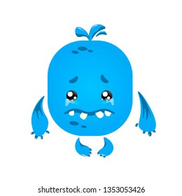 Vector blue monster with sad emotion - tears in eyes - for messenger, sticker, social media, animation, comic, newsletter, poster, banner, logo, icon, avatar. Cute cartoon character, emoji, emoticon
