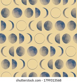 Vector blue moon phases yellow seamless pattern