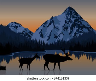 vector blue morning in mountains lake with couple of deers
