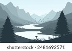 Vector blue mountain landscape with clean sky and calm river and pine trees silhouettes