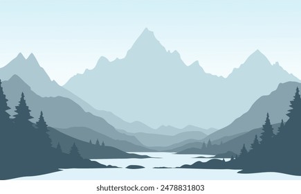 Vektorgrafik blaue Berglandschaft mit sauberem Himmel und ruhigem Fluss und Baumsilhouetten