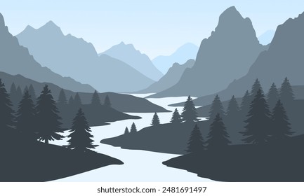 Vektorgrafik blaue Berglandschaft mit sauberem Himmel und ruhigem Fluss und Kiefern Silhouetten