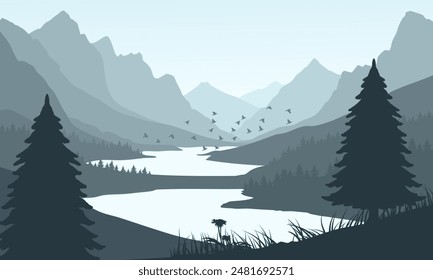 Vektorgrafik blaue Berglandschaft mit sauberem Himmel und ruhigem Fluss und Kiefern Silhouetten