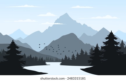 Vector blue mountain landscape with clean sky, calm river,birds flying and pine trees silhouettes