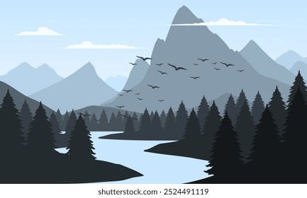 Vector blue mountain landscape with clean sky, calm river, birds flying and pine trees silhouettes