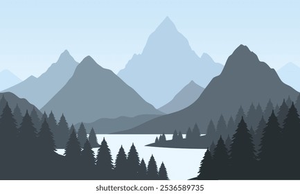 Vector blue mountain landscape with clean sky, calm river and pine trees silhouettes