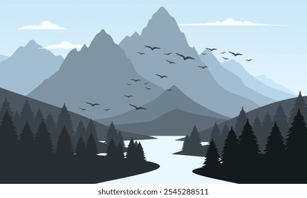 Vector blue mountain landscape with clean sky, calm river, birds flying and pine trees silhouettes