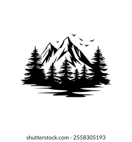 Vector blue mountain landscape with clean sky, birds flying and calm river and tree silhouettes