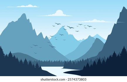 Vector blue mountain landscape with clean sky, calm river, birds flying and pine trees silhouettes