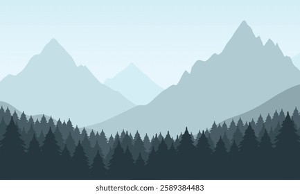 Vector blue mountain landscape with clean sky, calm river and pine trees silhouettes