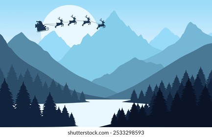 Vector blue mountain landscape with clear sky, santa claus, christmas, sunset behind the mountains and silhouettes of trees and calm lake water