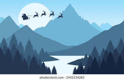 Vetor azul paisagem de montanha com céu claro, Papai Noel, Natal, pôr do sol atrás das montanhas e silhuetas de árvores e água do lago calma