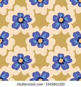 Vector blue and mustard floral seamless repeat pattern perfect for fabric and wallper