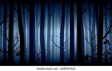 Vector blue mysterious dark forest landscape with silhouettes of trees and branches 