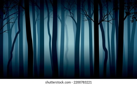 Vector blue mysterious dark forest landscape with silhouettes of trees and branches 