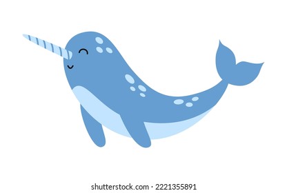 Narrativa azul vectorial. Animales de vida marina en diseño plano. Narwhal con cuerno.