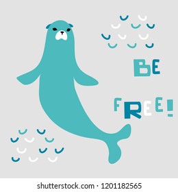 vector blue nautical seal water wild animal card word be free cartoon scandinavian doodle style