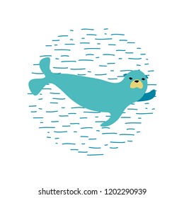 vector blue nautical seal water wild animal cartoon scandinavian doodle style 