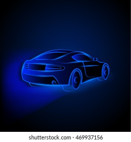 Vector blue neon car in motion. Linear auto illustration on a black background.