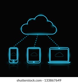 Vector blue neon computing icons on black background, eps8