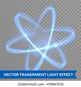 Vektorblaue Neonkreuze kreuzen den Lichtenzug. Glühende Atom-Struktur mit magischer Feuerring-Spur. Glitter-Funkeln-Trail-Effekt auf transparentem Hintergrund
