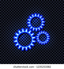 Vector Blue Neon Icon: Three Gears, Machine Technical Illustration, Bright Colorful Sign, Clockwork Concept.