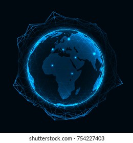 Vector Blue Neon Illuminated Globe With Geometric Polygonal Grid And Glowing Points - Connection Network Or International Business Concept