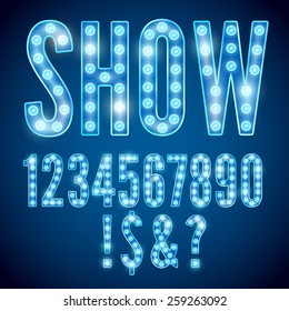 Vector blue neon lamp cinema font, number set